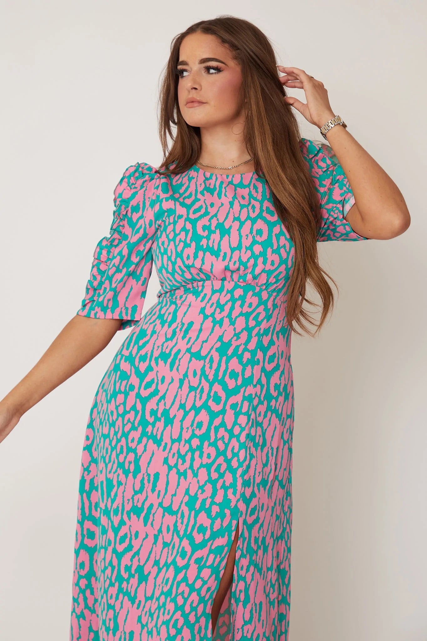 Emilie Pink and Turquoise Print Frill Sleeve Midi Dress